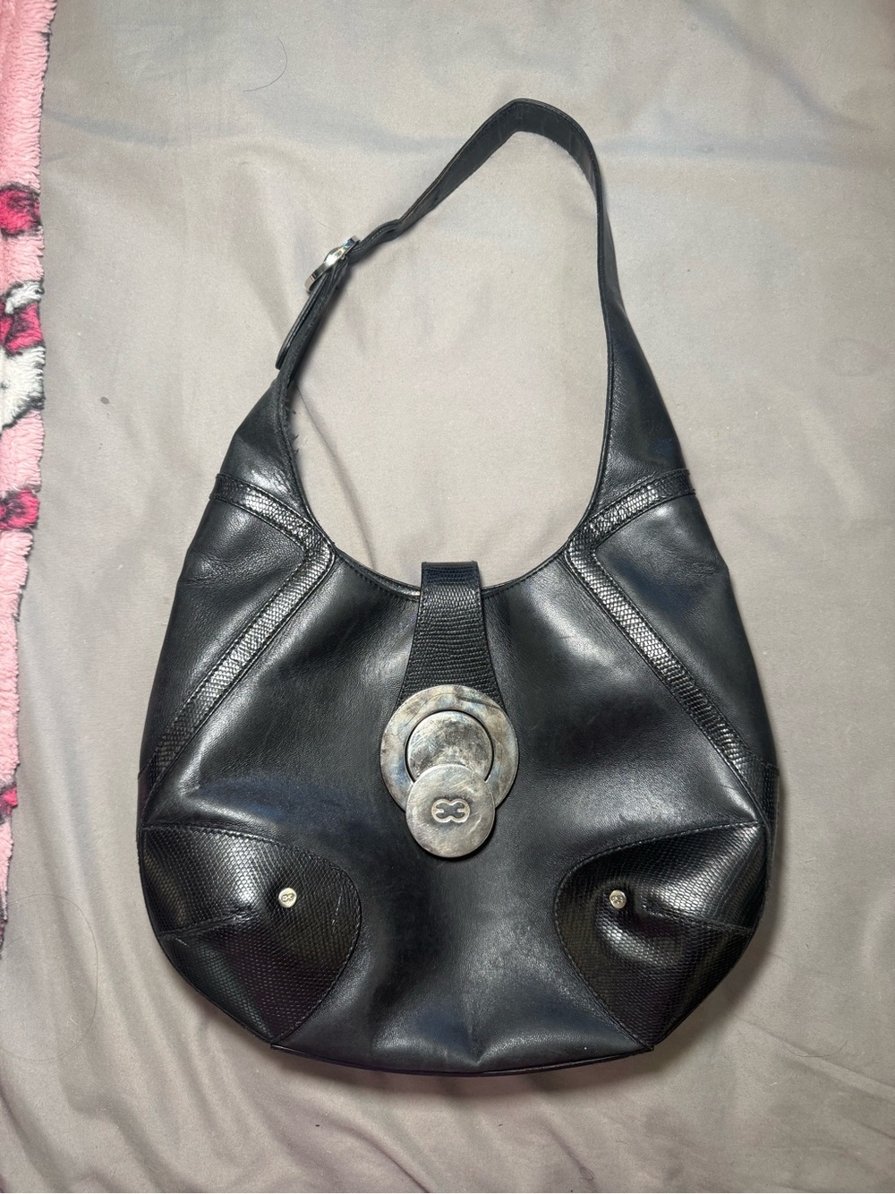 Escada Black Leather Shoulder Bag with Metal Disc Accent